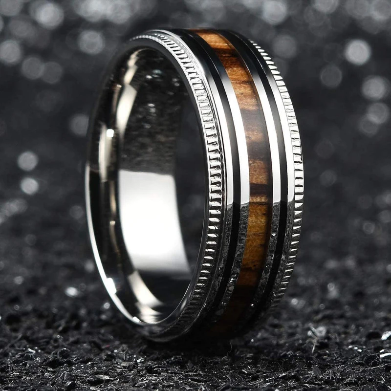 2024 Fashion Wood Grain Patch Oil Dripping Stainless Steel Ring For Men Accessories Anniversary Party Gift Trendy Men Rings