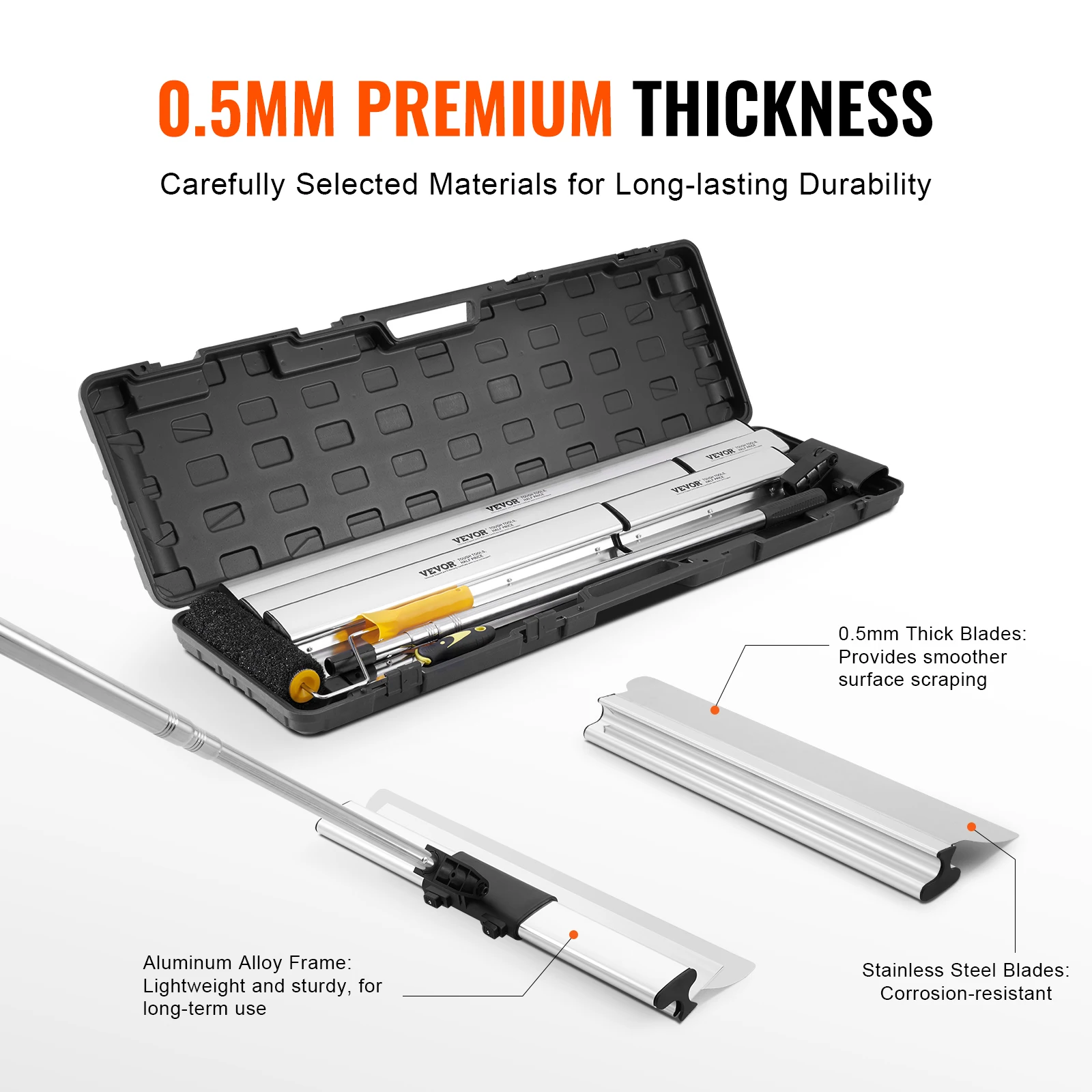 VEVOR Drywall Skimming Blade Set 10/16/24/32/40 inch Skimming Blades + 34-81.6 in Extension Handle Pole Stainless Steel Knife