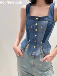 Aoi Fashion Square Collar Color Matching Denim Camisole  2023 Spring/Summer Women's New Tight Waist Short All-Match Vest Top