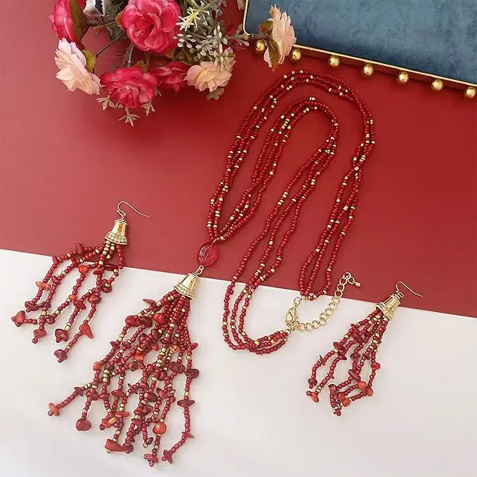 الرجعية مطرز شرابة طويلة قلادة أقراط للنساء الفاخرة مهدب سلسلة مجموعة البوهيمي مجوهرات العرقية متعدد الطبقات طوق المختنق #3