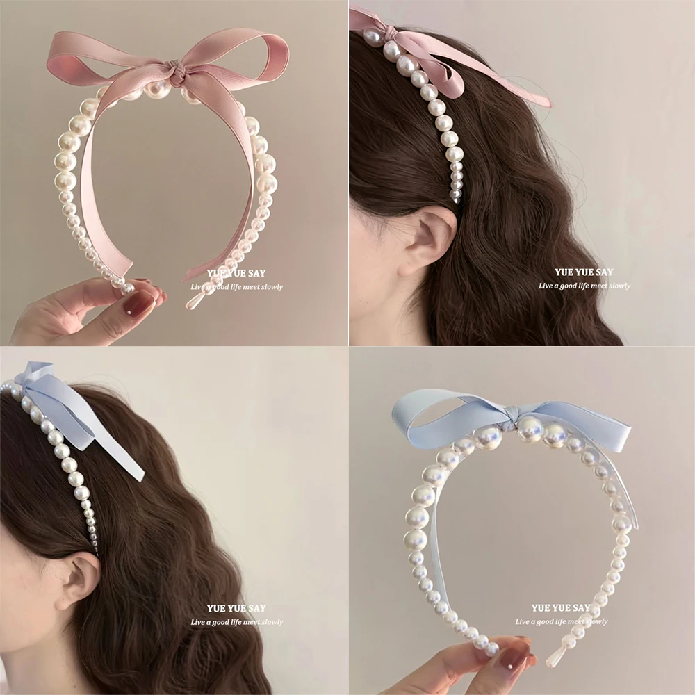 Korean Pink Satin Pearl Hair Band Cream Color Girl Bow Ribbon Sweet Temperament Headband Hair Hoop Headwear Jewelry Accessories