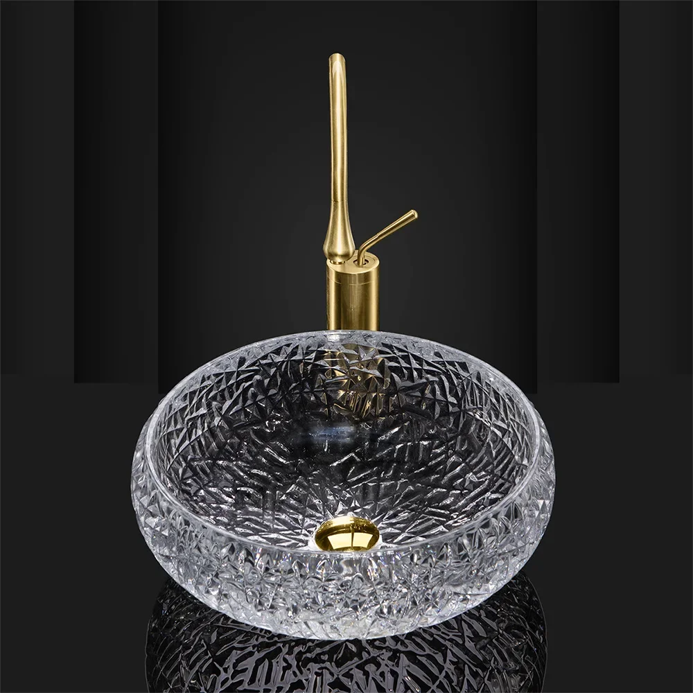 41cm Crystal Transparent Round Countertop Sink Glass Hand Wash Basin Bathroom Washbasin  Vessel Bowl With Faucet Set