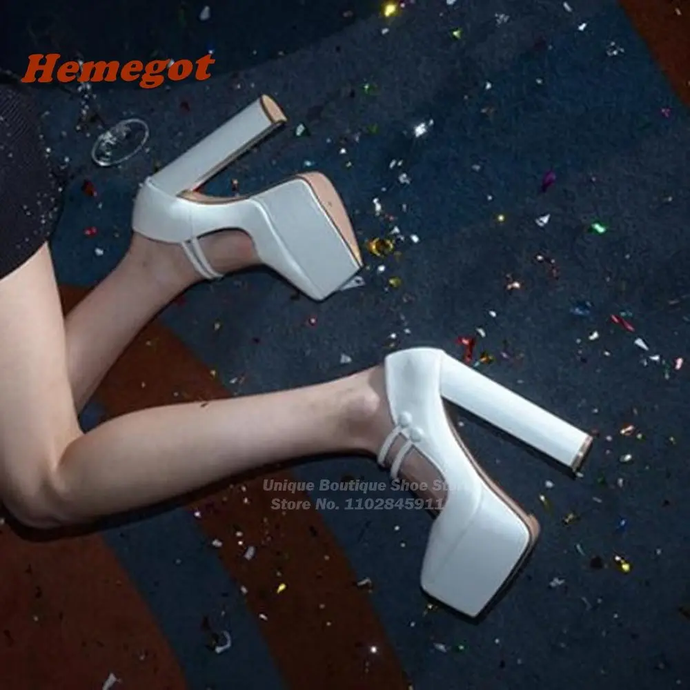 

White Platform Chunky Heels Pumps Button Shallow Round Toe Women's Pumps Newest 2024 Summer Runway Wedding Shoes Solid Leather