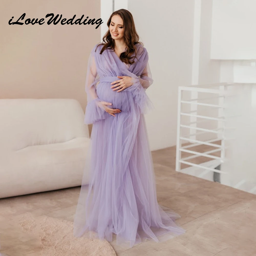 

ILoveWedding Sexy V-Neck Maternity Dresses for Photoshoot Tulle Puffy Trumpet Long Sleeve with Belt A-Line Pregnant Women Gowns