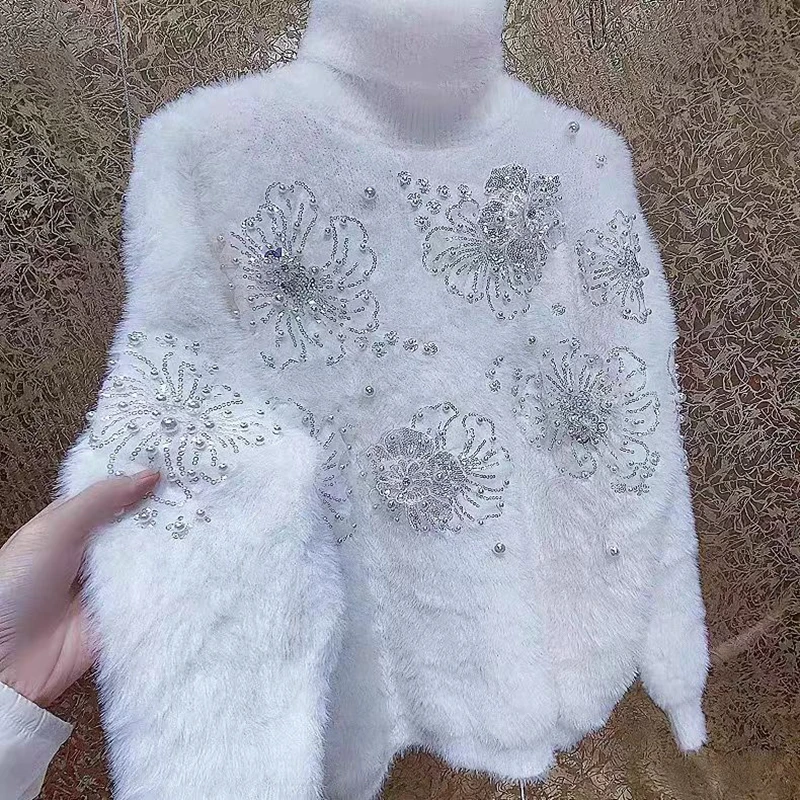 High-end Beads Sequined Stitch Thick Faux Fur Turtleneck Sweater for Women Autumn/Winter New Knit Outwears Pullovers Jumpers