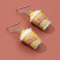Creative Simulation Popcorn Bucket Pendant Women's Earrings 3D Resin Accessories Handmade Hook Eardrop Cinema Jewelry Cute Gift