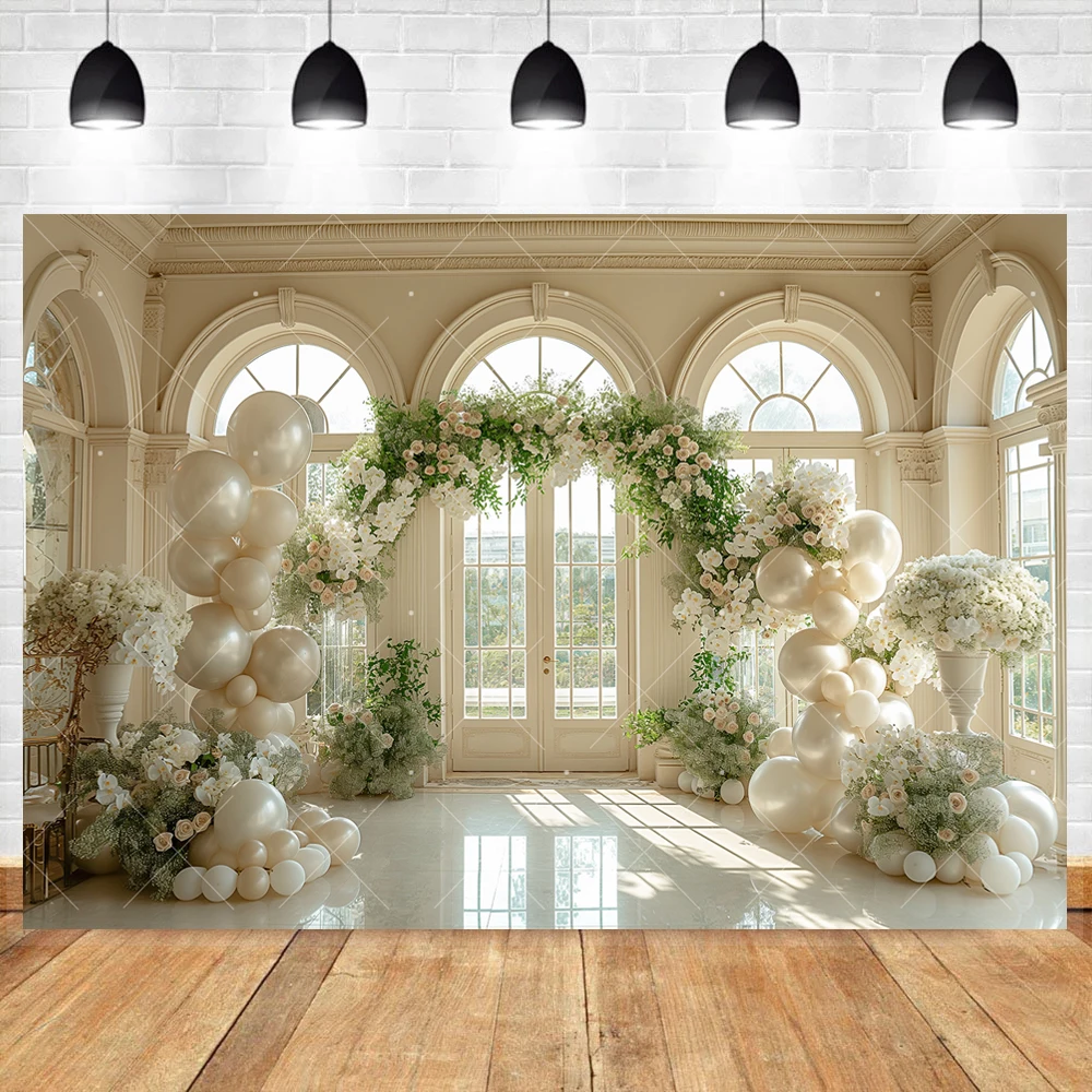 White Palace Photography Background Custom Balloon Arched Window Decor Woman Adult Birthday Wedding Portrait Backdrop Photo Prop