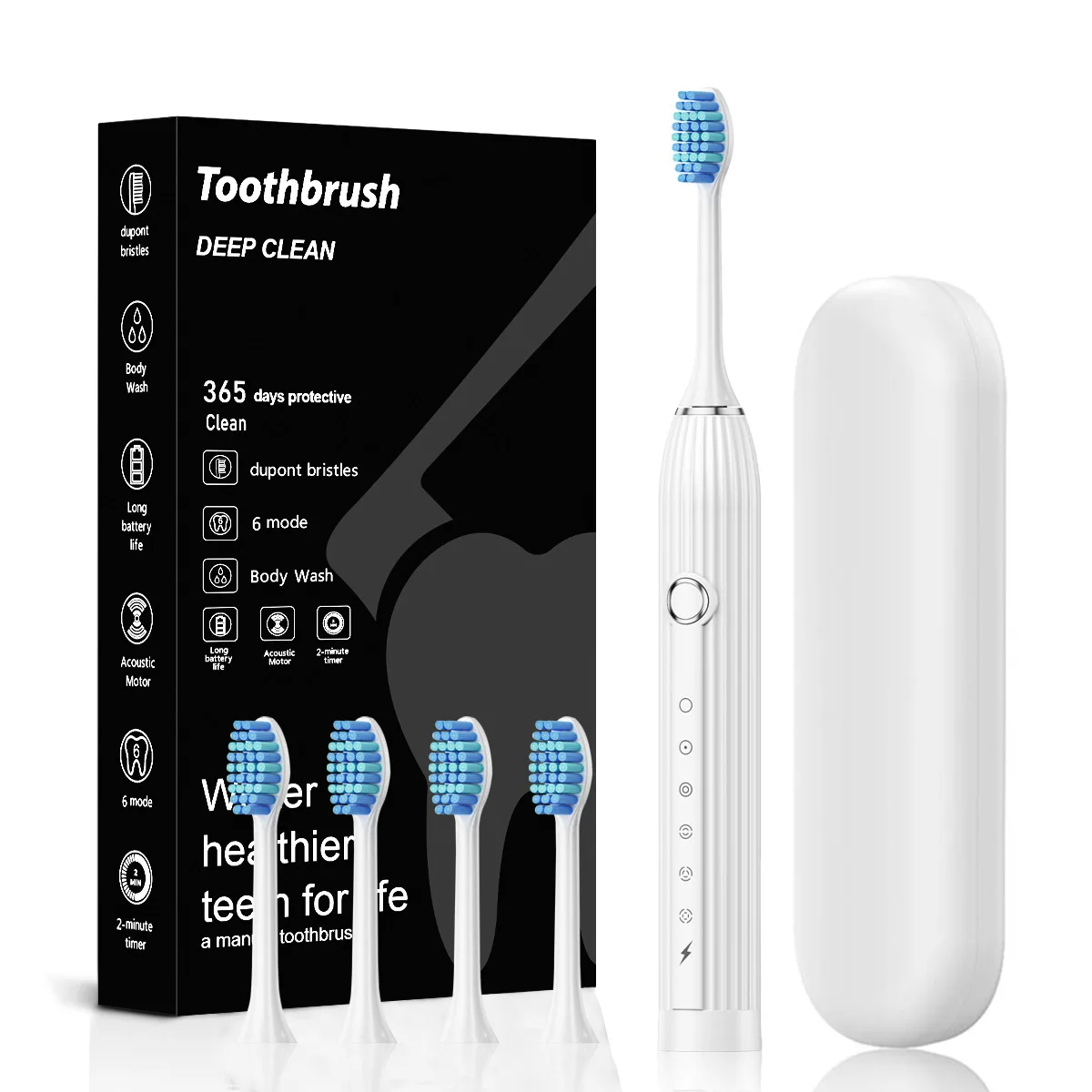 

Sonic Electric Toothbrush for Adults 6 Modes IPX7 Waterproof Dupont Bristles 2-Min Smart Timer with 4 Replacement Heads Travel C