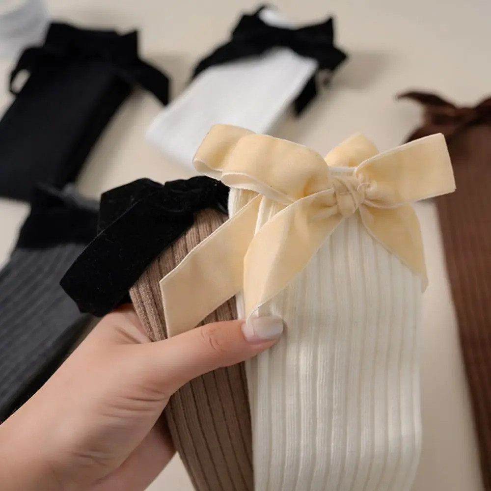 Cotton Blend Knee High Socks Bowknot Knit Texture Children's Stockings Stretchable Soft Fabric Princess Socks For Daily Wear