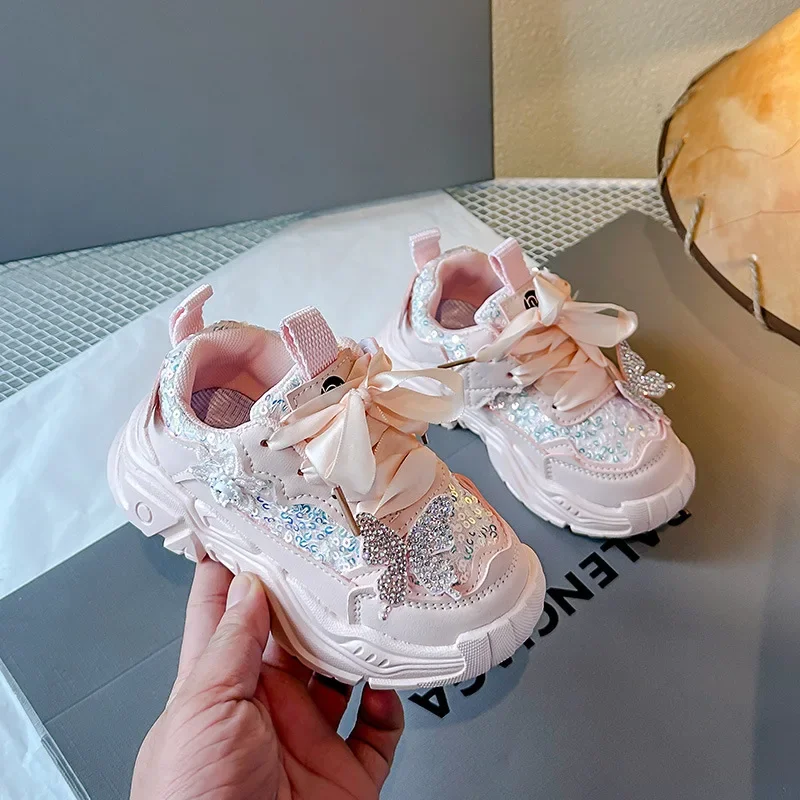 

Spring Children's Sports Shoes Fashion Sequins Butterfly Girls' Princess Shoes Soft Soled Anti Slip Kid's Casual Running Shoes