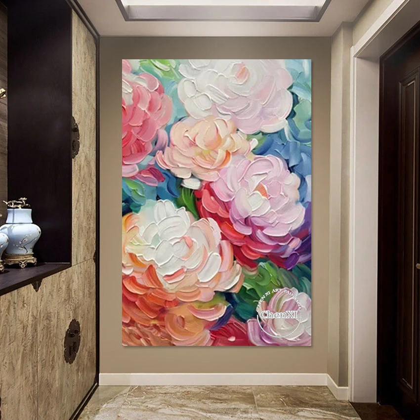 Luxury Wall Decor Pieces Colorful Peony Flowers Knife Abstract Oil Painting Classical Murals Wall Art For Home Decoration