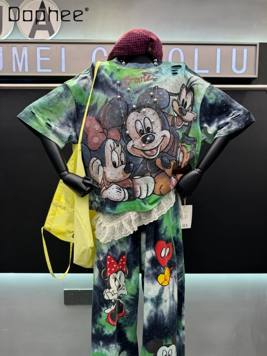 

2025 Summer New Heavy Industry Tie-dye Hot Diamond Printing Short-sleeved T-shirt Women's Loose Fashion Round Neck Cartoon Top