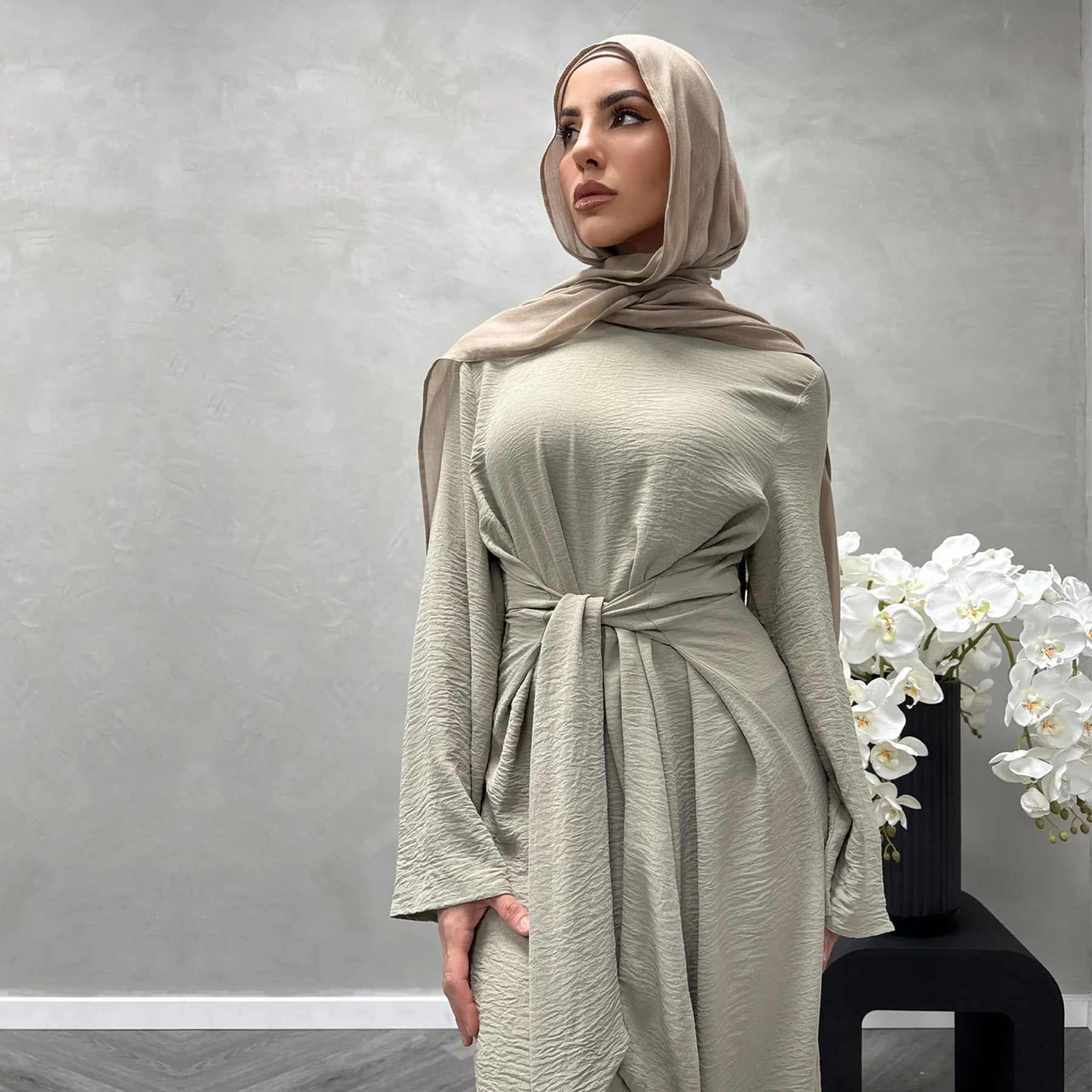 Wrap Abaya for Eid 2024 Crinkled Fabric Integrated Belt Muslim Dress Woman Islamic Clothing Casual Modest Dubai Turk Underdress