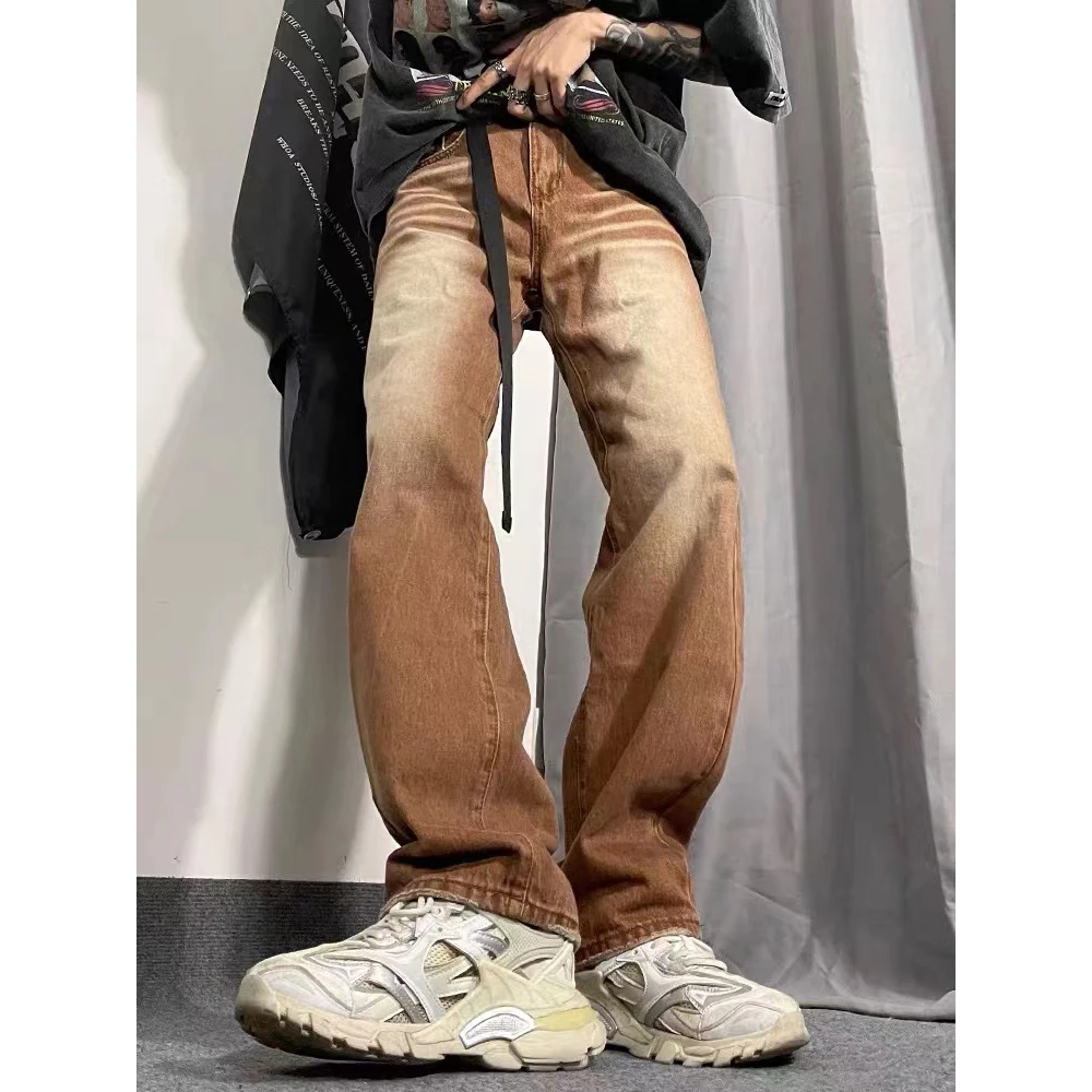 2022 Street Wear White Old Wash Water Pattern Pants Brown Loose Retro Straight Four Season Locomotive Handsome Men's Jeans