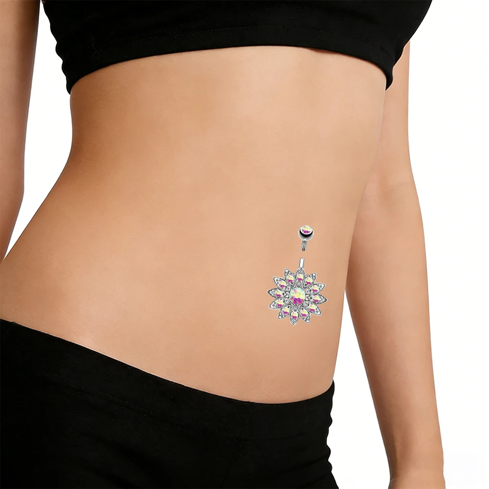 Starose Rhinestone Lotus Belly Piercing Nombril Belly Button Rings Navel Piercing Ombligo Dance 14G Navel Bar