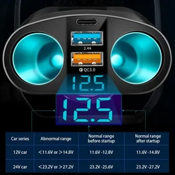 Carregador de Carro Dual USB com Display Digital LED Azul, Isqueiro do Carro, Adaptador de Energia, Soquete, Tipo-C, QC3.0, 2.4A, 12V, 24V, 120W