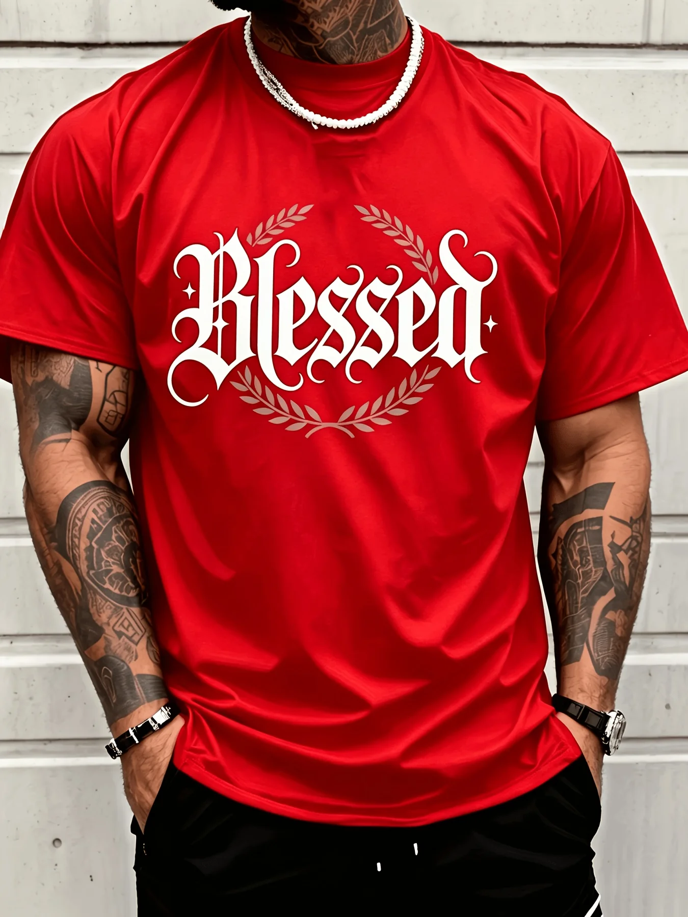Men'S Fashionable Casual T-Shirt with Blessed Letter And Wreath Design for Street Style, Plus Size