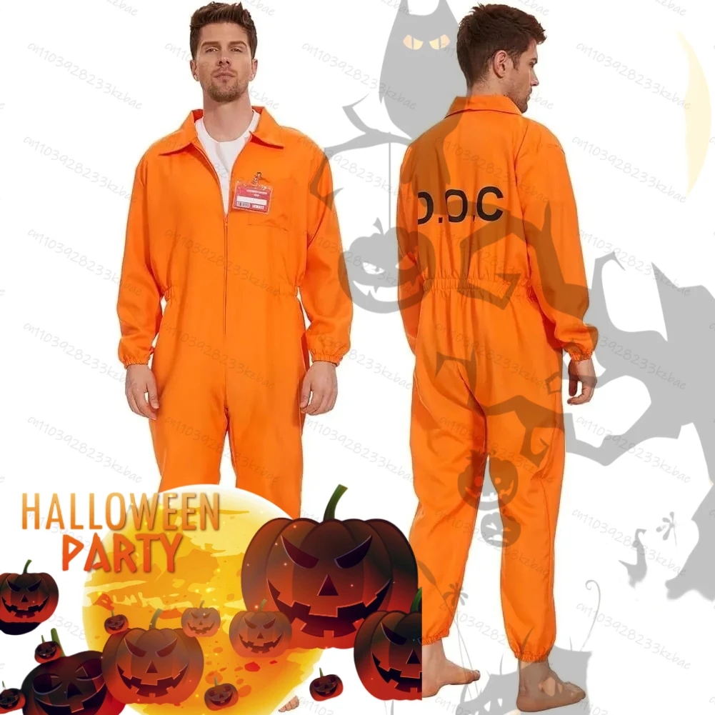 Mono de prisionero para adultos, disfraz de Halloween para hombre, disfraz de Jailbird naranja, mono de detención de prisión, conjunto de Cosplay de Halloween