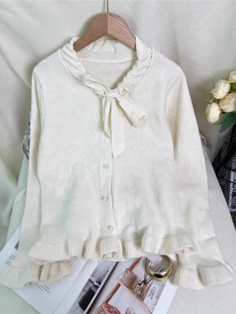 Delikatny sweter rozpinany z dzianiny, wiązany na kokardę, retro, damski, jesienno-zimowy, jednolity kolor, długi rękaw, okrągły dekolt, uniwersalne topy.