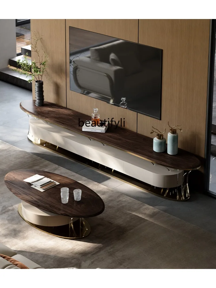 Light Luxury Black Walnut Solid Wood Coffee Table TV Cabinet Combination New High-End Villa Acrylic Suspension TV Cabinet