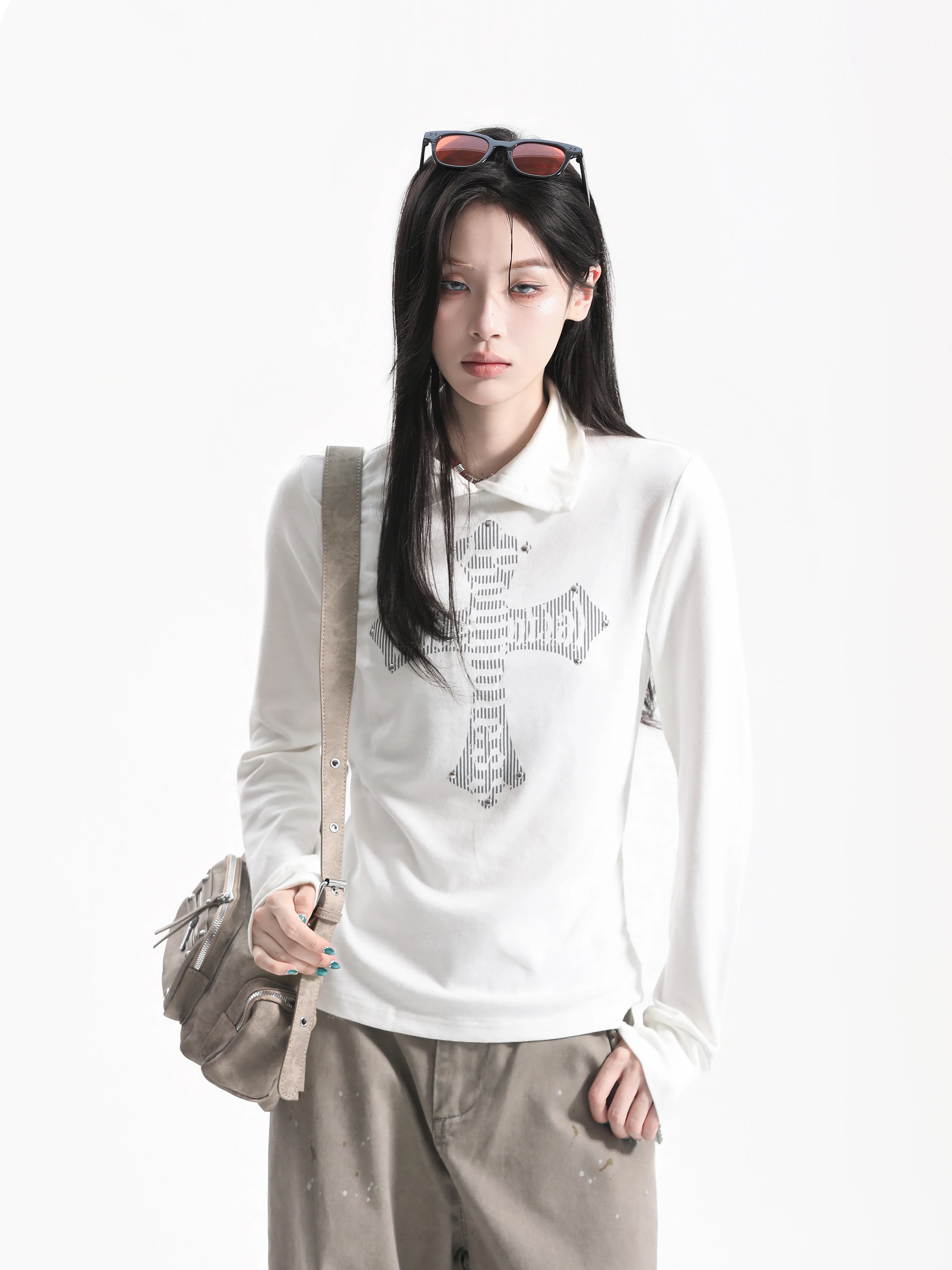 Slim Fit Cross Print Long Sleeve T-Shirt American Style Casual Wear for Women Breathable Comfortable Autumn Top Flip Collar