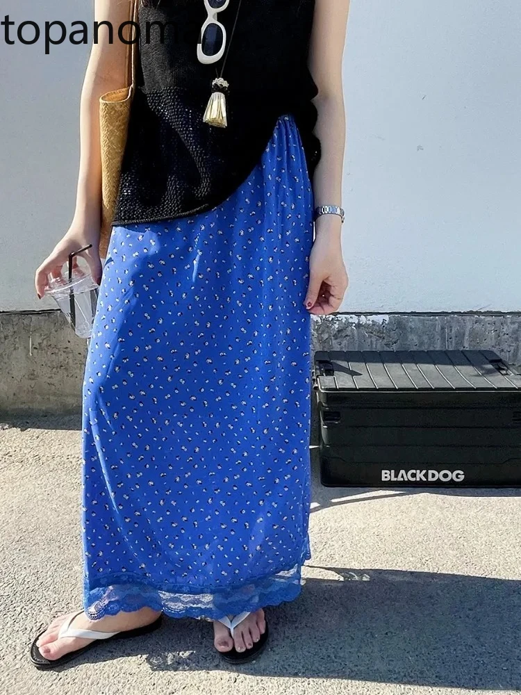 

Topanoma Skirts Women Elegant Floral Printed Lace Patchwork 2025 Summer Fashion Vintage Sweet Ladies Long Skirt Casual Chic