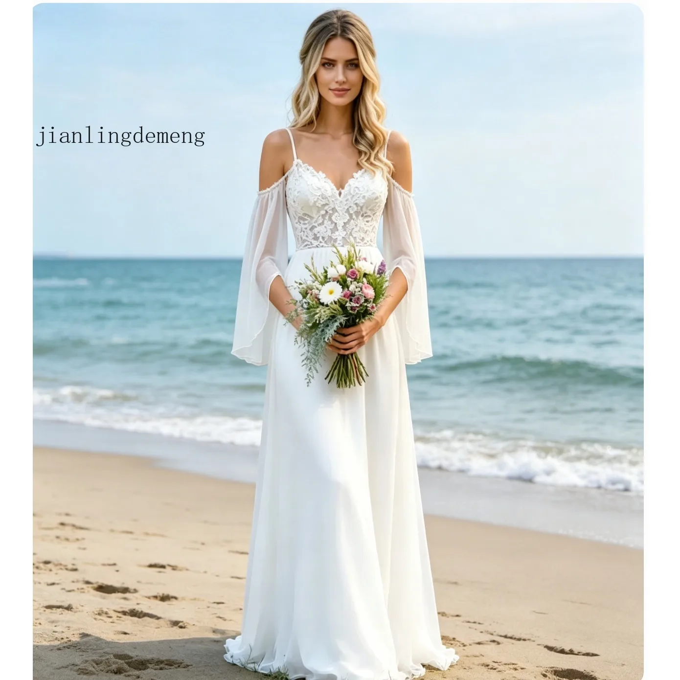 White Lace Chiffon Wedding Dress Off Shoulder Long Sleeve Bridal Gown Beach Bohemian Style with Floor Length Customized