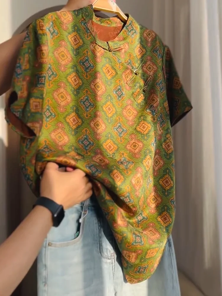 

Новая китайская ретро-блузка с воротником-стойкой, больших размеров, универсальная, стройнящая, летняя, 2025, корейская версия, свободного кроя, оверсайз