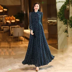 New Women Spring Autumn Print Chiffon Dress Fashion Lace-up Bow Collar Long Sleeve Slim Waist Dress Elegant Flowing Long Dress