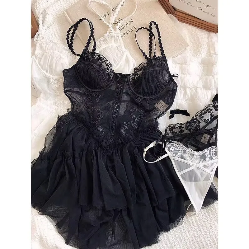 

Сексуальная кружевная ночная рубашка, женская кружевная сетчатая пижама с грибком и подтяжками, эротическое нижнее белье чистого желания cw90606