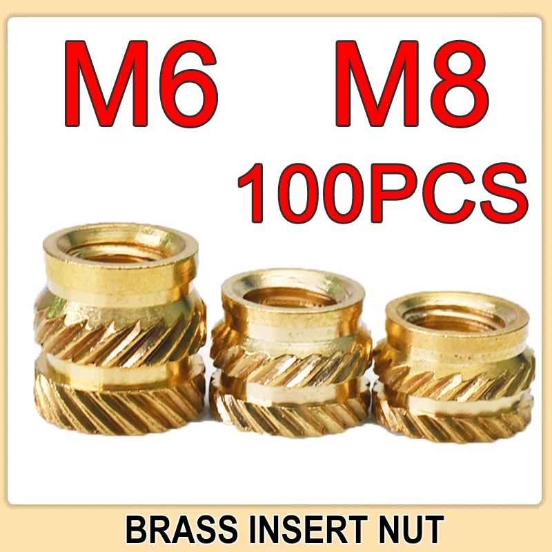 100pcs M6 M8 Insert Brass Nut Hot Melt Knurled Thread Heat Inserts Embedment Copper Nut Embed Pressed Fit into Holes for Plastic