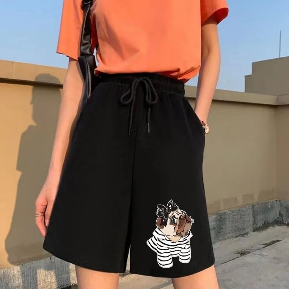 Feminino solto cortado shorts bonito filhote de cachorro imprimir estudante harajuku doce sweatpants moda casual esportes solto senhoras preto shorts