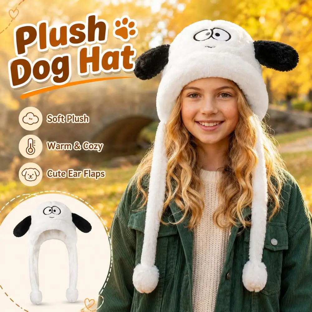 Super Cute Plush Dog Trapper Hat for Kids Girls Winter Fuzzy Faux Fur Russian Hat Full Hood Ski Hunting Earflap Hat with Pom Pom