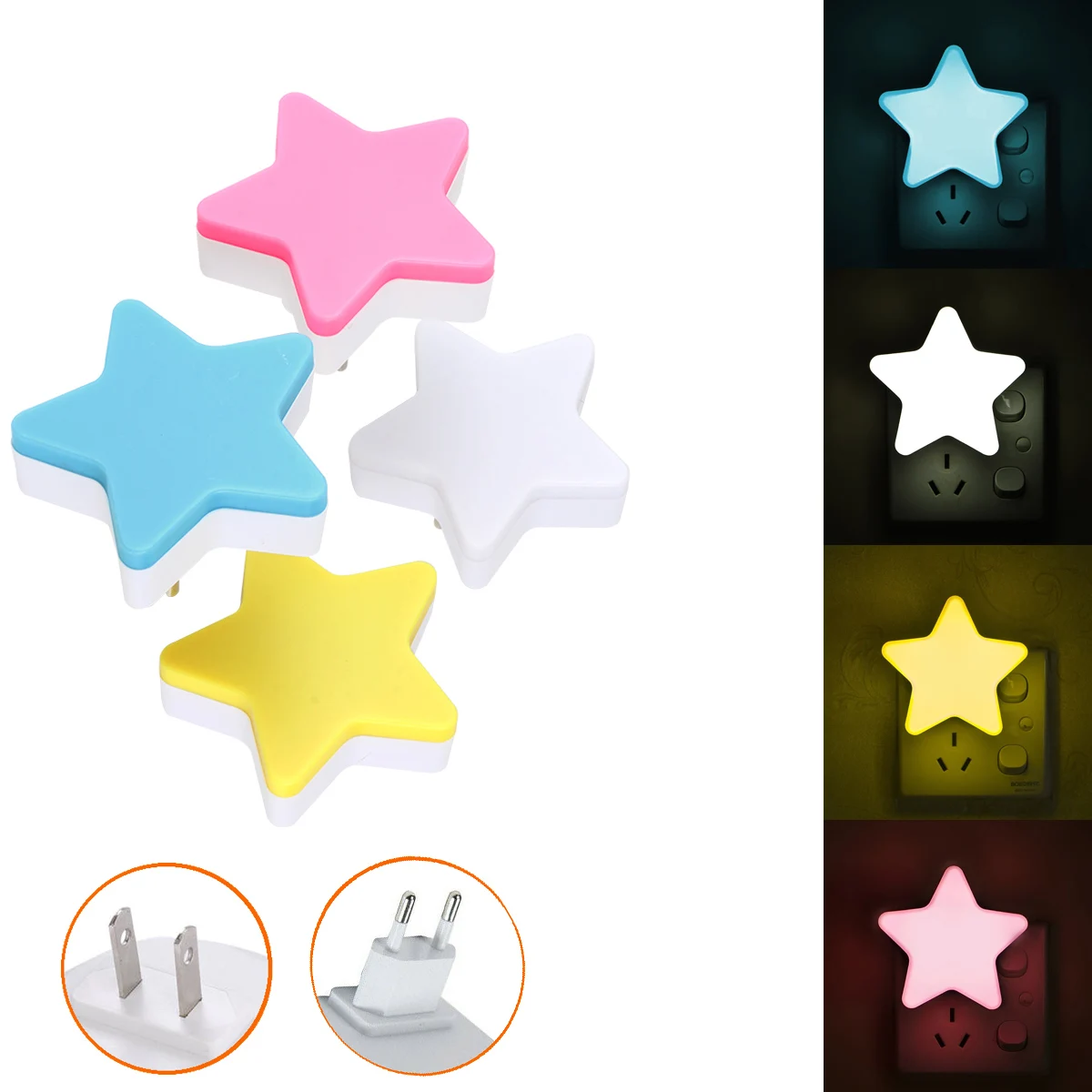 

Light Sensor LED Night Lights Cute Star Auto Control US EU Plug-in White Blue Yellow Pink For Kid's Bedroom Corridor Stairs