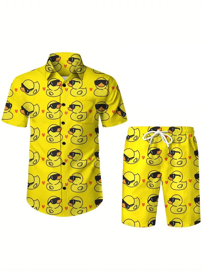 Men's 3D Printed Yellow Duck Pattern Summer Unisex Stylish Casual Fun Shirt + Shorts 2-piece Oversized Resort Hawaiian Shirt