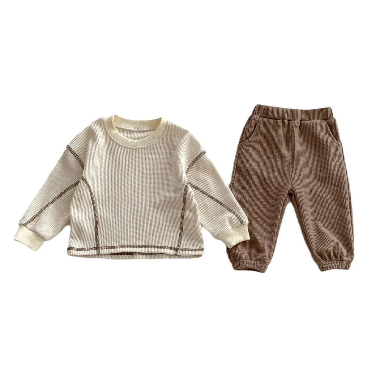 Korean children's clothing 2023 Autumn casual loose Waffle suit for boys and girls Long sleeved T-shirt Baby pants image 5