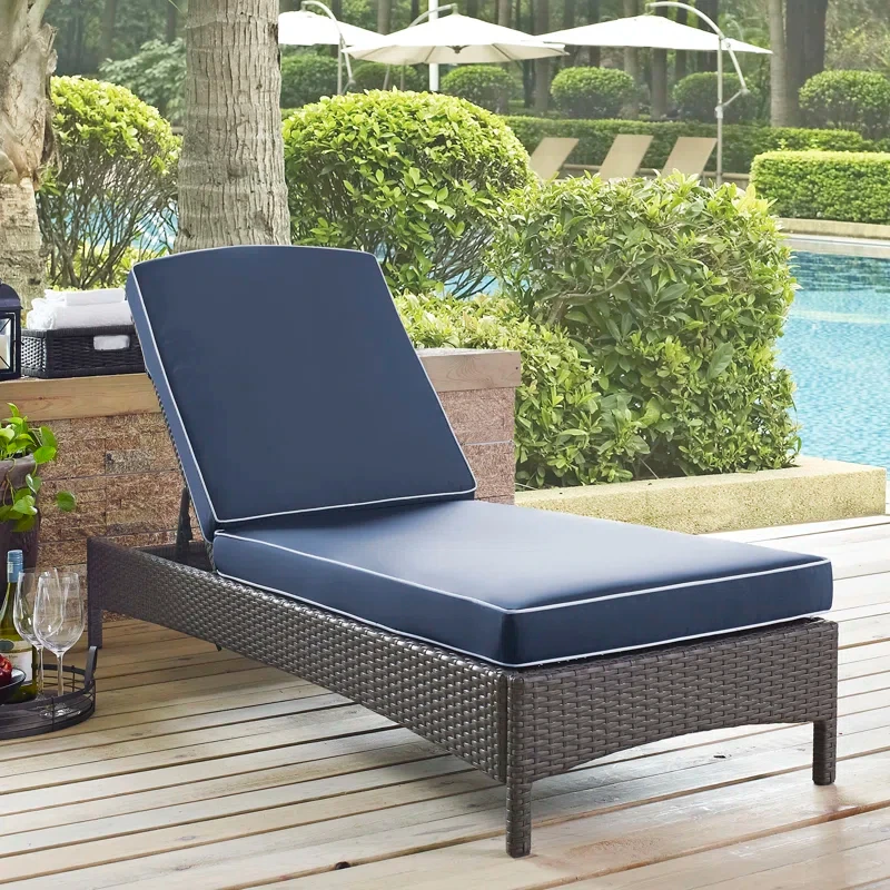 ！@Dwoo Navy Blue Outdoor Iron Frame Single Lounge Chaise Stylish Weather Resistant Patio Lounge Bed