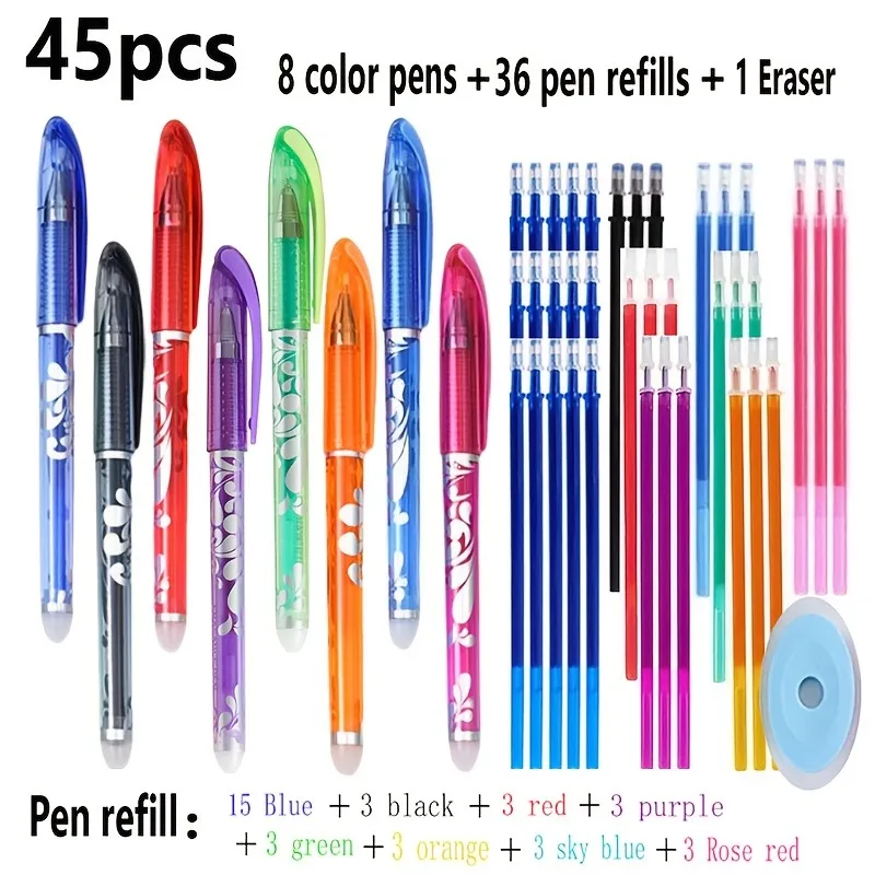 

45 шт./компл., 8-цветные стираемые ручки, классический цветочный дизайн, 0,5 мм, сменный сердечник, волшебный стираемый ластик для школьных канцелярских принадлежностей