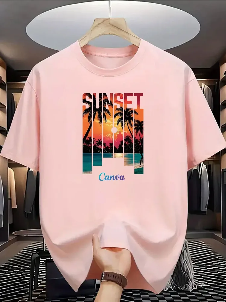 

Футболка с тропическим закатом и пальмовыми пальмами и пляжным принтом. Дышащая женская рубашка свободного покроя. Повседневная курортная одежда и повседневный стиль.