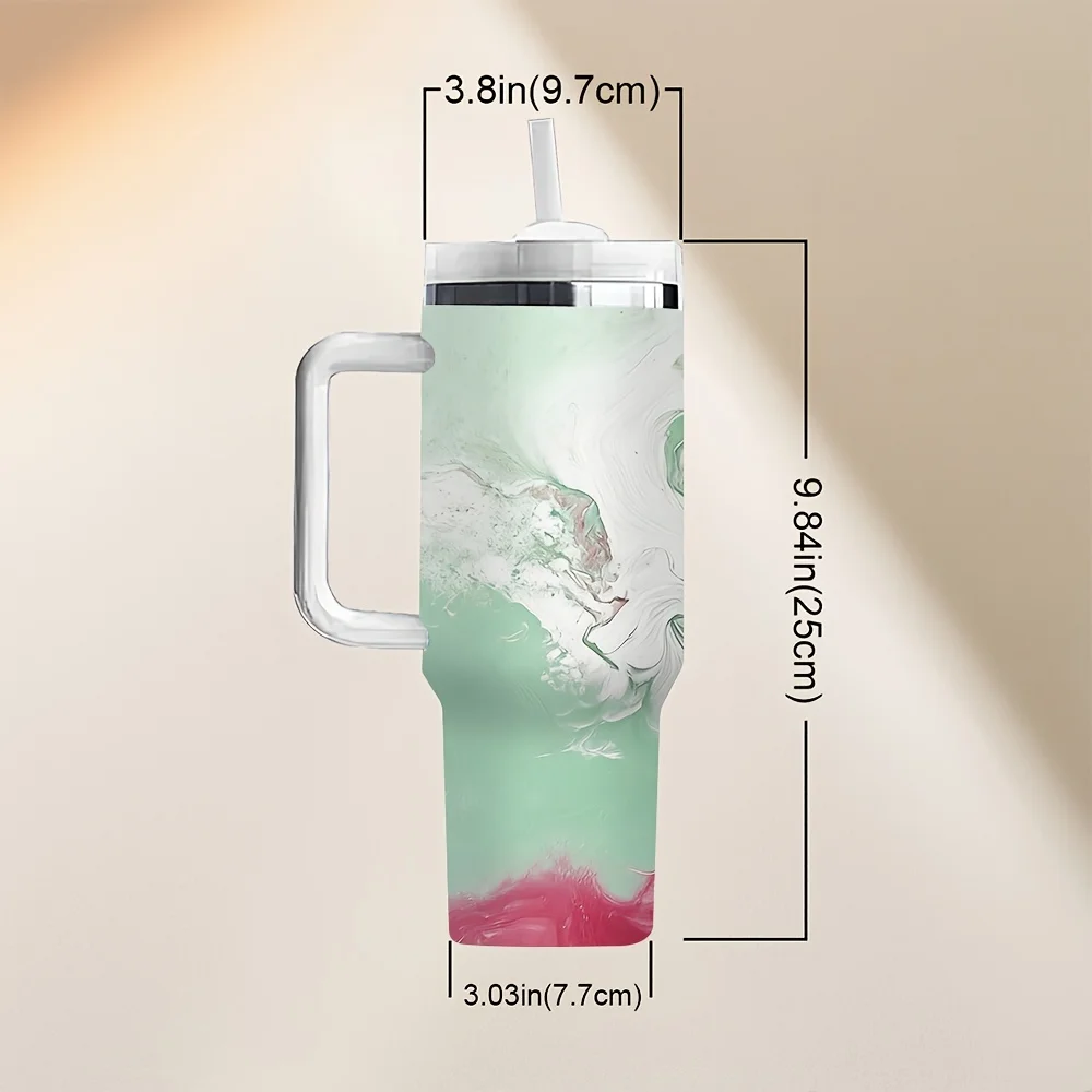 Modern Abstract Green Pink White Fluid Marble Swirl Print Travel Tumbler with Handle And Reusable Straw