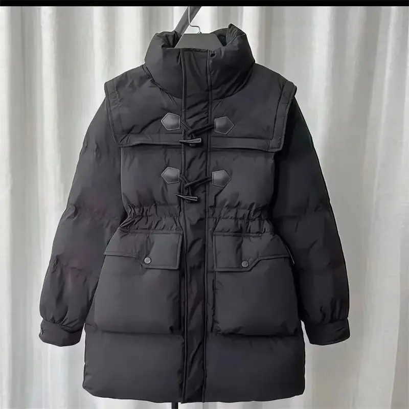 سترة قطنية متوسطة إلى طويلة، مجموعة أزياء جديدة لعام 2025، سترة قطنية لتخسيس الخصر، ياقة واقفة، قطن سميك ودافئ