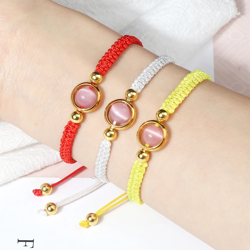 Lucky Pink Cat Eye Beads Bracelet For Women Natural Stone Red Thread String Bracelet Men Handmade Weave Rope Bangle Jewelry Gift