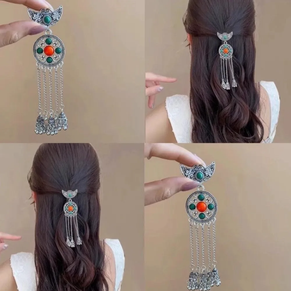 Horquilla con borla en forma de media luna antigua, palo para el cabello de estilo étnico de Metal plateado, accesorios para el cabello de estilo chino, tenedor para el cabello Hanfu