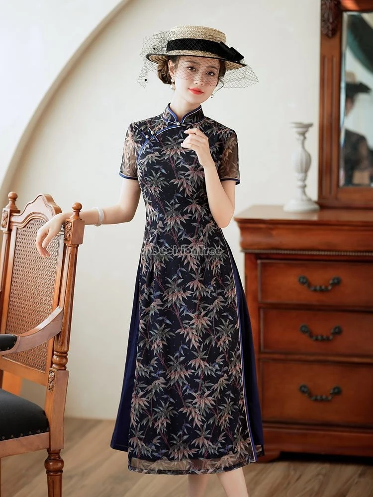 2024 new vietnam aodai improved cheongsam chiffon dress elegant temperament lady party vestido exquisite floral embroidery dress