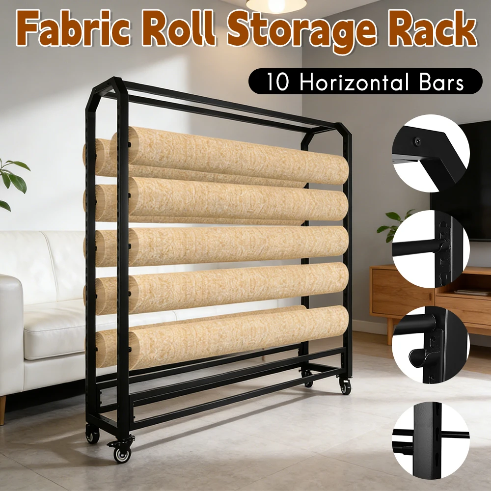 Estante de Almacenamiento Móvil para Rollos con Ruedas, Acero Laminado en Frío, Varillas Colgantes Ajustables para Papel Tapiz, Cortinas, Manteles, Rollos de Vinilo