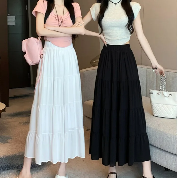 High Waist A-Line Midi Skirt for plus Size Women Korean Style Splice Cake Skirt Slimming Effect Versatile Polyester Fiber