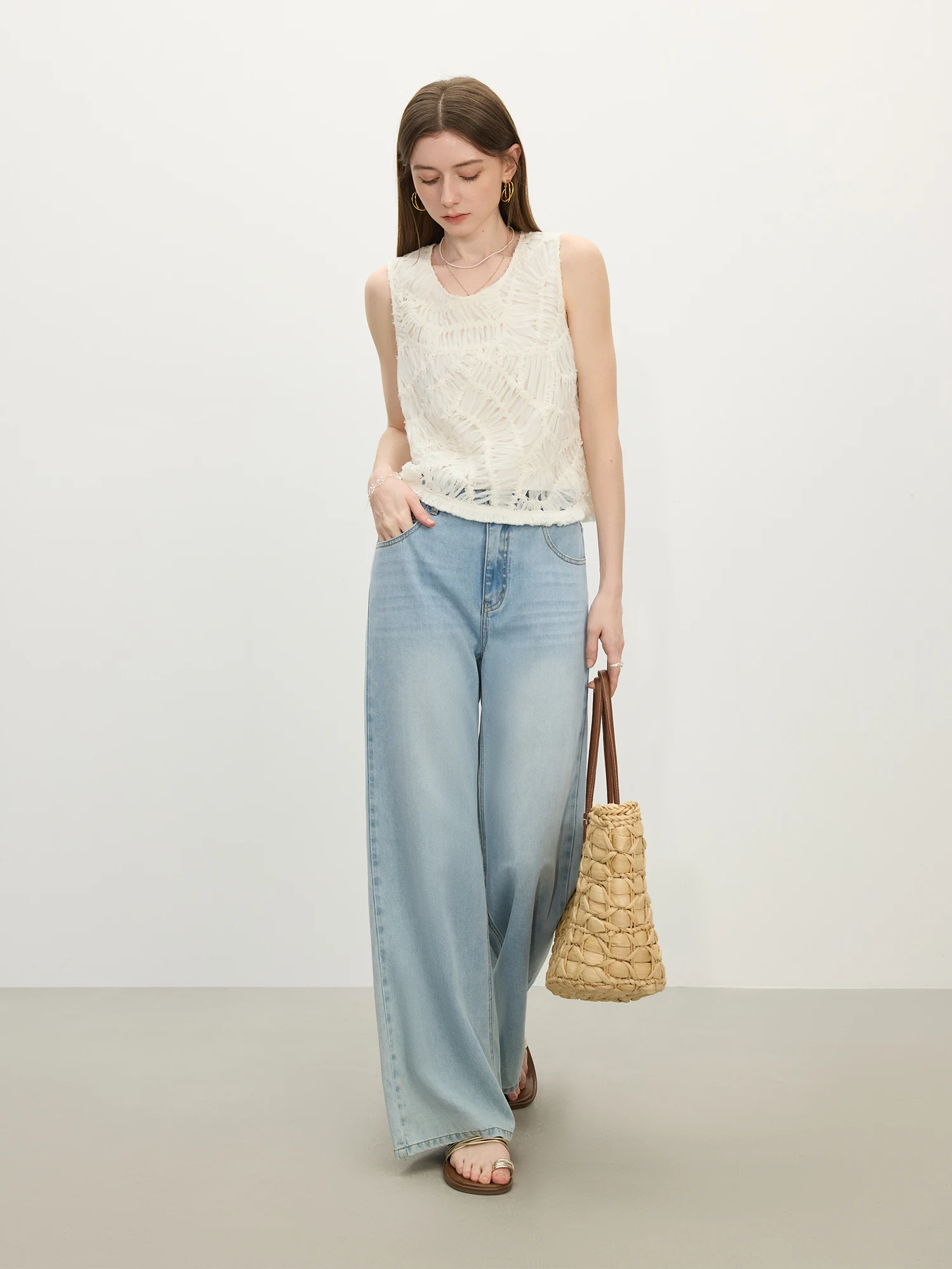 FSLE pleciona luźna kamizelka bez rękawów beżowy top dla kobiet 2025 lato nowy nabytek sezon wakacyjny wszechstronne topy 25FS12337