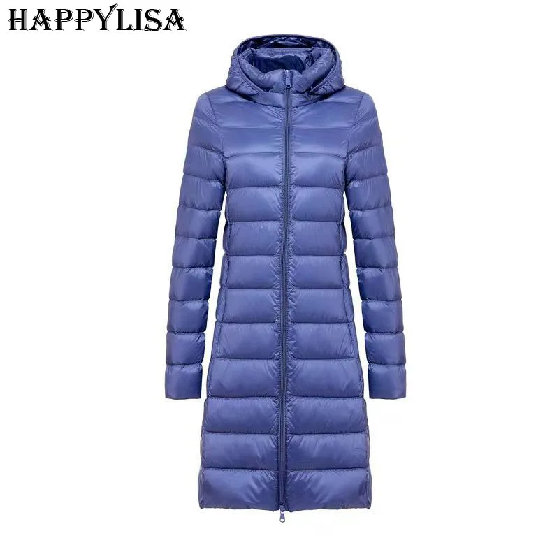 Women’s Ultra Light Down Jacket Long Style White Duck Female Slim Fit Down Detachable Hooded Portable Slim Fit Outwear DJ01