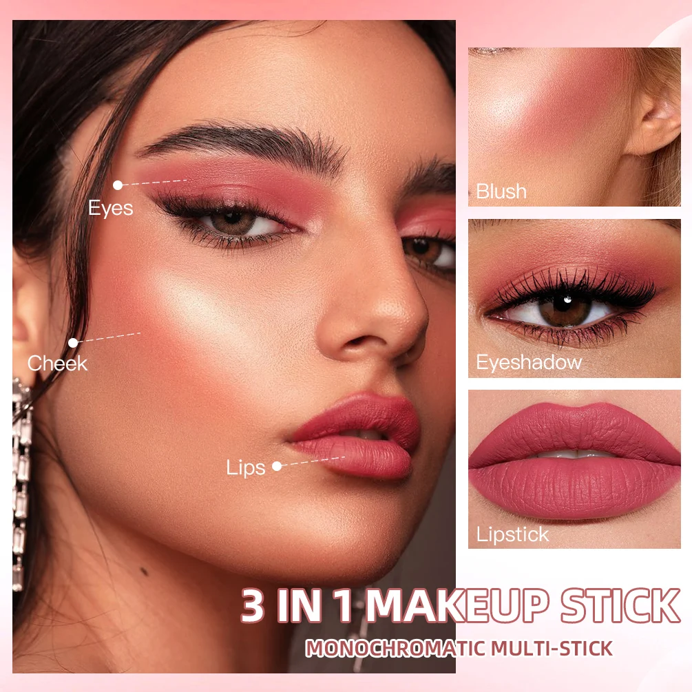 QIBEST 3-in-1 Cheek Blush Stick Lip Tinted Eyes Cheek Lips Brighten Cream Wateproof Long-Lasting Face Contouring Shadow Blusher