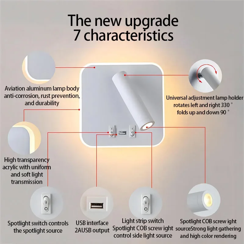 Led Binnenwandlamp Schakelaar Naast Het Lezen Van Nachtlampje Thuis Indoor Decor Verstelbare Draaibare Muur Spotlight Met Usb-Poort